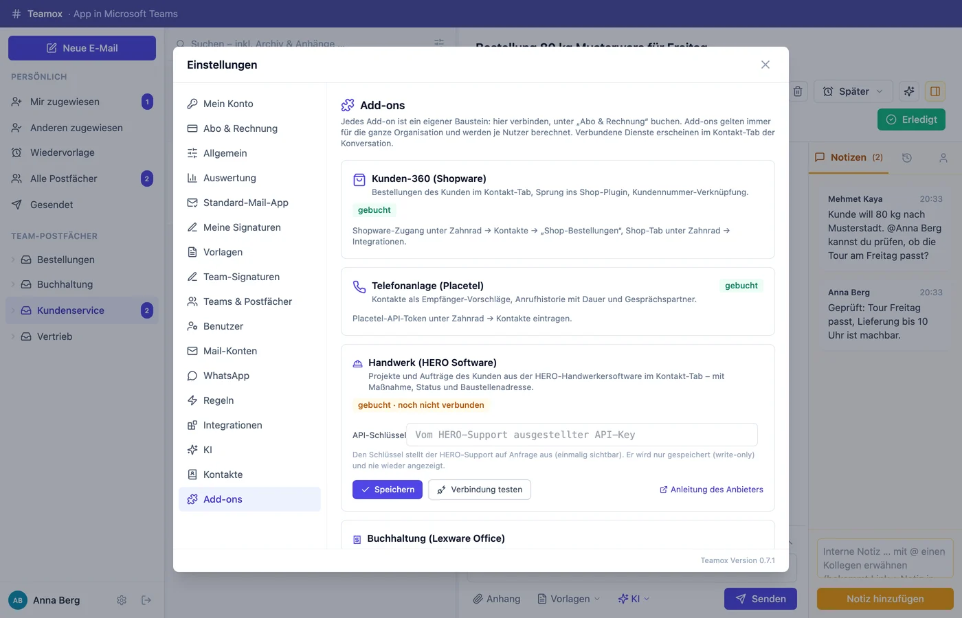 Teamox Einstellungen: Add-ons mit Formular für Zugangsdaten und Verbindungstest